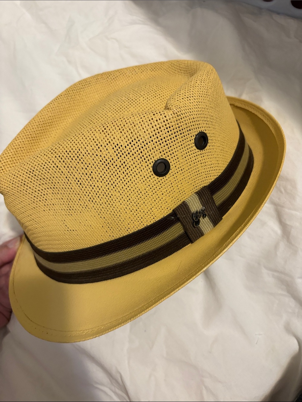 Yellow Straw Fedora with Brown Striped Band